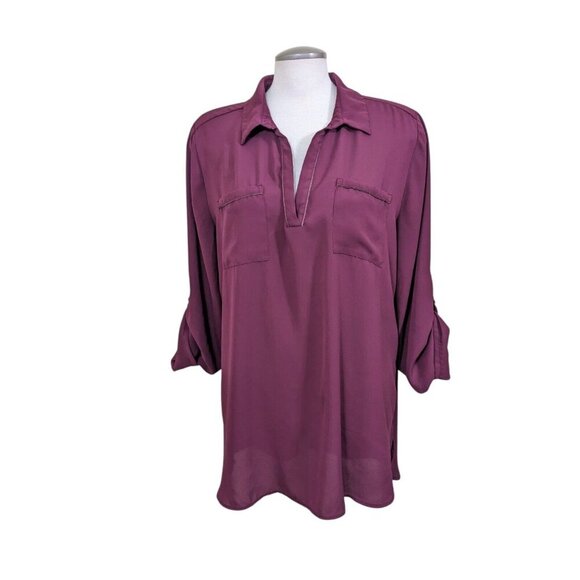 MARIE CLAIRE BOUTIQUES Sheer V Neck Blouse Tunic Womens XL Burgundy Red Roll Tab - Picture 1 of 7